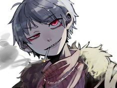 an anime character with grey hair and red eyes, wearing a fur collared coat