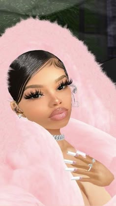 a woman with long black hair and pink fur