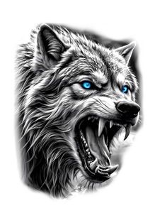 a wolf with blue eyes is shown in this tattoo art work on the back of a shirt