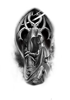 a black and white photo of a tattoo design with an image of the virgin mary