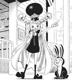 a black and white drawing of a cartoon character with an evil look on her face