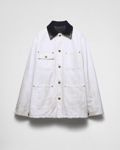 White Cotton Jacket | PRADA Prada Barn Jacket, Prada White Jacket, Vintage Prada Jacket, Prada Trucker Jacket, Prada Jacket No Collar, Prada Canvas Jacket, Prada Cotton Coat, Prada Button Up, Prada Denim Blouson Jacket