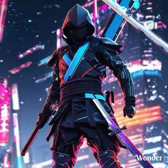 an image of a person holding two swords in front of a cityscape with neon lights
