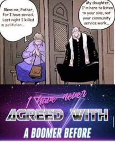 a comic strip with an image of two people sitting in chairs and one is talking to another