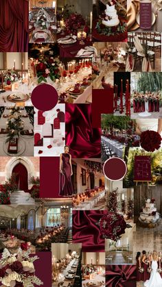 a collage of red and white wedding decorations