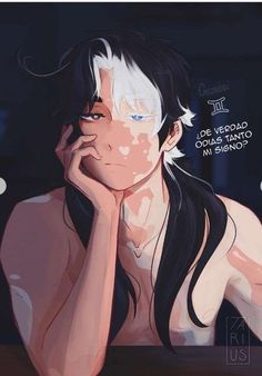 a woman with long black hair and blue eyes is sitting in front of a table