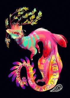 a painting of a cat and a dragon on a black background with colorful leaves in the foreground