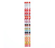 two red and white skis with colorful designs on the bottom, one is blue