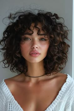 Permed Bob With Fringe, Rounded Curly Hair Cut, Curly Short Wolf Cut Women, Curley Haircut, Curly Hair Short Length, Short Hair Cuts For Women Curly Layers, Short Butterfly Cut Curly Hair, Short Curly Bob Bangs, Haircut For Short Curly Hair For Women