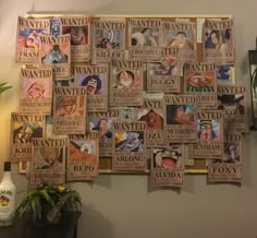 a wall covered in posters and pictures next to a potted plant
