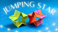 two colorful origami stars on a blue background with the words jumping star above them