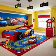 a child's bedroom with cars painted on the walls and carpeted flooring