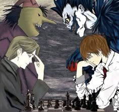 two people playing chess with an evil monster