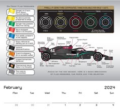 a calendar with an image of a race car on it's side and the date in