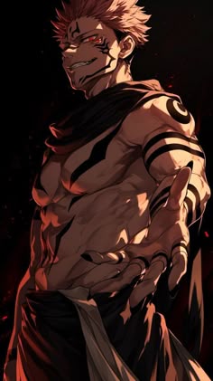 an anime character standing in the dark with his arms around his waist and eyes closed