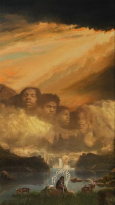 an oil painting of people standing in the clouds