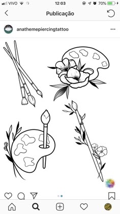 an image of some flowers and paintbrushes on the screen, with other things in the background