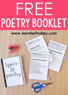 the free poetry booklet is shown with scissors, paper and pencils on a table