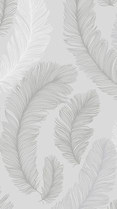 a wallpaper with white feathers on the side and grey leaves on the other side