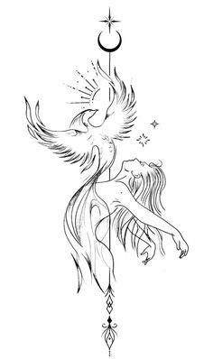 a black and white drawing of an angel holding a star above her head, with the moon