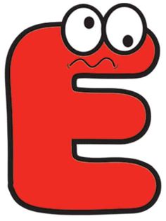 the letter e with eyes and nose drawn on it's face, in red