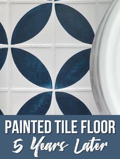 Want to know how my painted tile floor held up over the last 5 years? I'll share the good (and the bad) and whether I'd do it all again! Painting Bathroom Floor Tiles, Diy Painted Tile, Tile Floor Stencil Ideas, Painted Tile Floor Kitchen, Painting Bathroom Floor, Painted Ceramic Tile Floor, Painted Kitchen Tile Floor, Painted Tile Floors, Painted Floor Tiles
