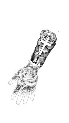 a drawing of a hand with a cross on it and roses in the other hand