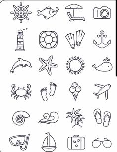 an outline drawing of different types of travel and vacation related items on a white background