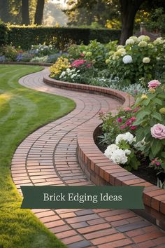 brick edging ideas for the garden and walkway in front of flowers, shrubs and trees