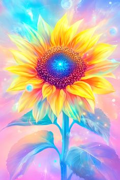 a painting of a sunflower with blue and yellow petals