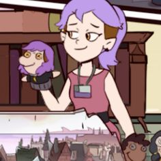 a cartoon girl holding a stuffed animal in her hand