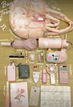 Pink Travel Bag Essentials, Pink Backpack Essentials, Pink Backpack Organization, Whats In My Bag Coquette, Pink Dance Bag Contents, What Are Your Bag Essentials?, Coquette Whats In My Bag, Whats In My Japanese School Bag, Kawaii Whats In My Bag