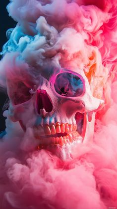 Vibrant neon skull, glowing details, abstract smoke, surreal energy.