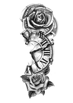 a rose and clock tattoo design on the arm
