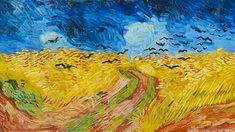 a painting of a wheatfield with birds flying over it and the sky above them