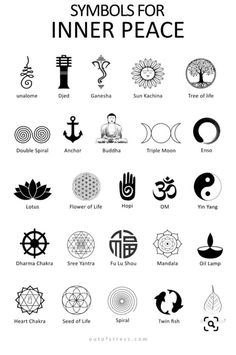symbols for inner peace are shown in black and white, with the names below them