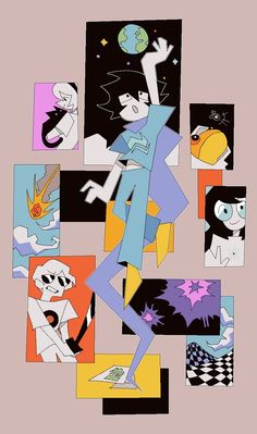 an abstract painting with multiple images of people and animals in different colors, shapes and sizes