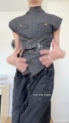 Flipped Clothing, Flip Clothes, Clothes Flip, Jean Flip, Belt Over Shirt Fashion, Belt As A Shirt, Belt Layering, Peplum Top Men, Abbey Lee Mad Max