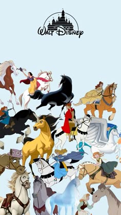 a bunch of cartoon horses that are in the air