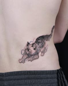 a woman's stomach with a cat tattoo on the side and an outline of a dog