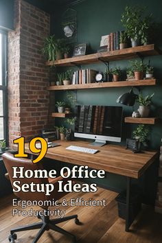 a home office setup ideas for ergonomic and efficient production with plants on the shelves