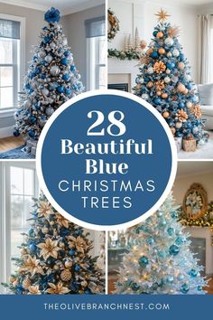 christmas trees with blue and gold decorations in different styles, sizes and colors are featured for the