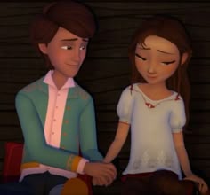 an animated image of two people sitting next to each other on a chair, one holding the hand of another person's arm