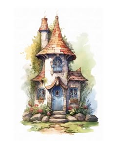 a watercolor painting of a fairy house