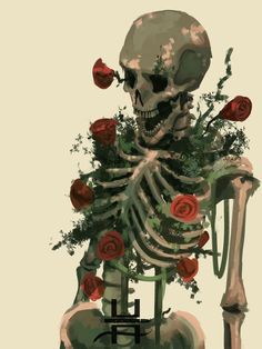 a skeleton sitting on a chair with roses in it