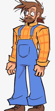 an old cartoon character with long hair and overalls, standing in front of a white background