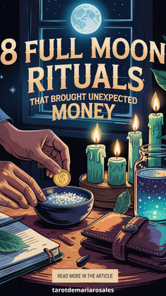 the cover of 8 full moon rituals that brought money, with candles and books