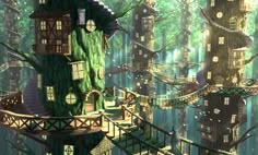 a tree house in the middle of a forest filled with lots of stairs and trees