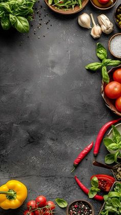 an assortment of fresh vegetables and spices on a dark background with space for the text