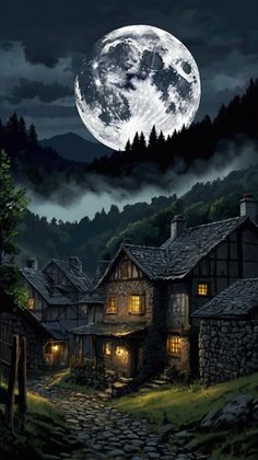 the full moon is shining over an old stone house with cobblestone walkways